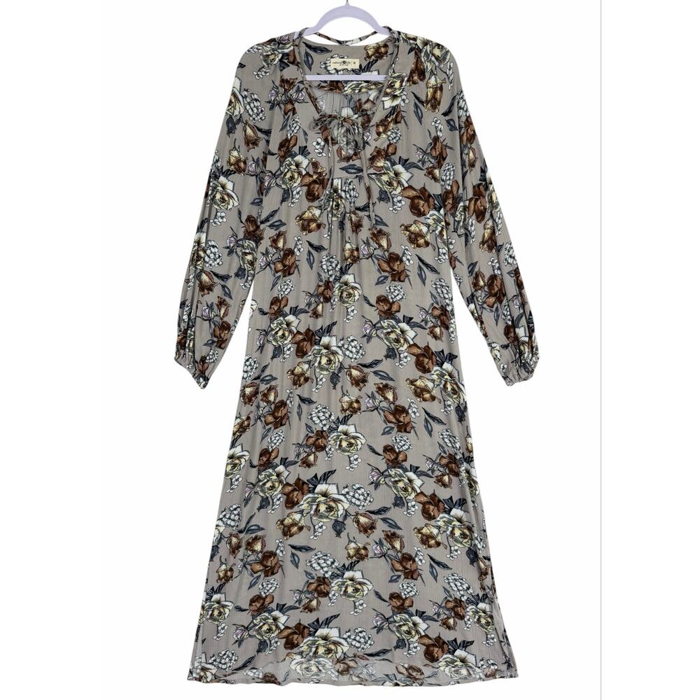 Natural Life Floral Maxi Dress Gray Beige Medium Boho Cottagecore Prairie